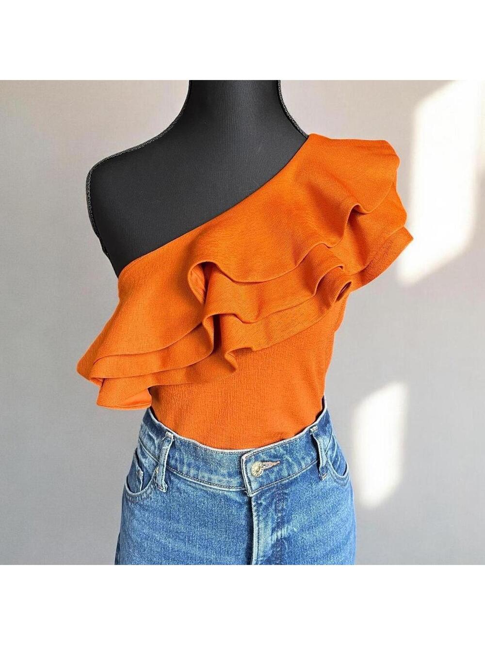 H&M Burnt Orange One Shoulder Ruffle Bodysuit Chic Resort Party Top